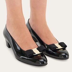 SALVATORE FERRAGAMO Vera Black Patent Leather Low Pumps with Gold Accent